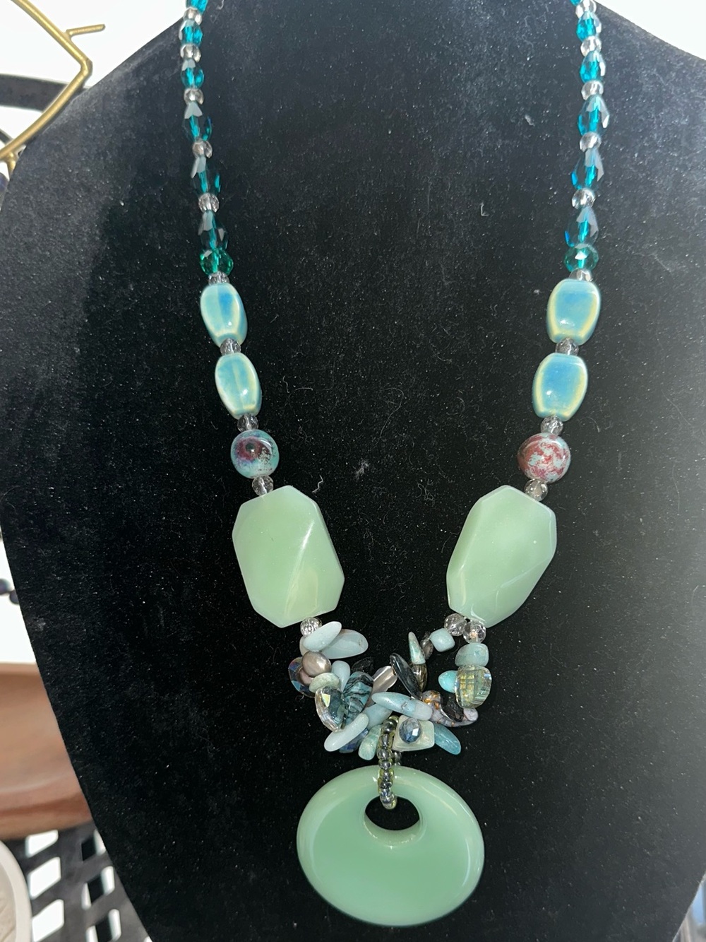 Blue and Green Crystals with Green Stone Necklace